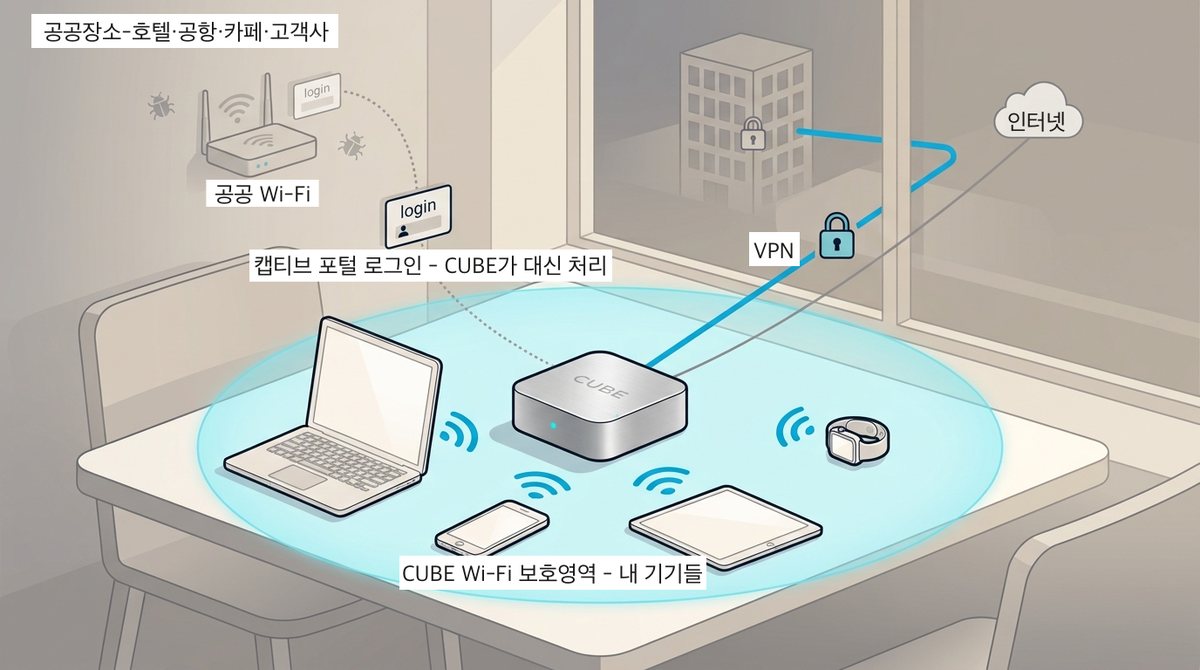 공공장소 Wi-Fi에 CUBE가 접속하고, 노트북·스마트폰·태블릿은 CUBE Wi-Fi 보호 영역 안에서 안전하게 인터넷을 쓰는 개념도